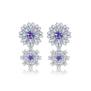 Carpe Diem Collection in silver, high polish white rhodium plated 'Flower Burst' drop earrings with Swarovski 'Pentagon Star' and CZs
